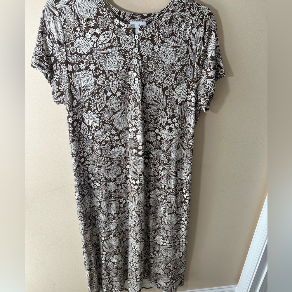J. Jill Maxi Dress Soft Stretchy Neutral Brown White Floral Sz L Petites